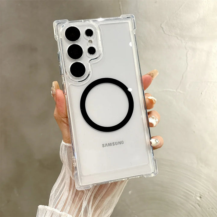 Transparent Armour Magnetic Case with reinforced corners, shockproof design, and wireless charging support for Samsung S25, S24, S23, S22, S21.