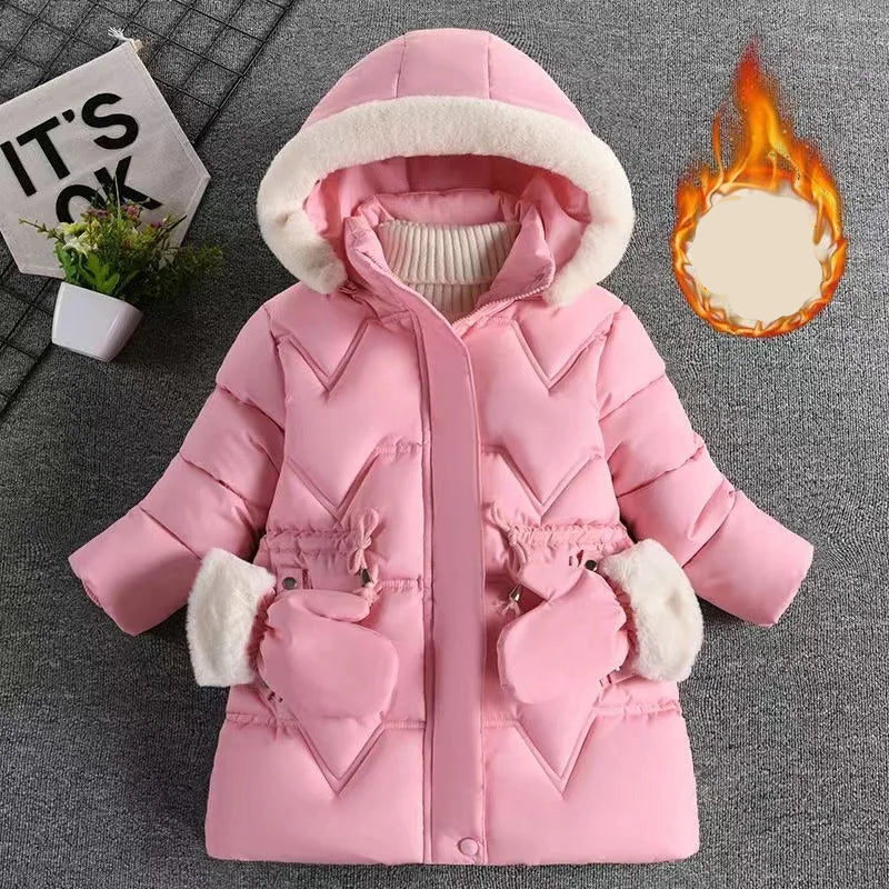 Pink children's winter coat with white fur trim on a gray background
