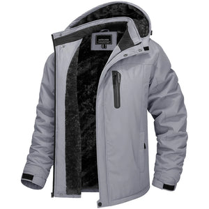 Gray and black jacket with a hood on a white background