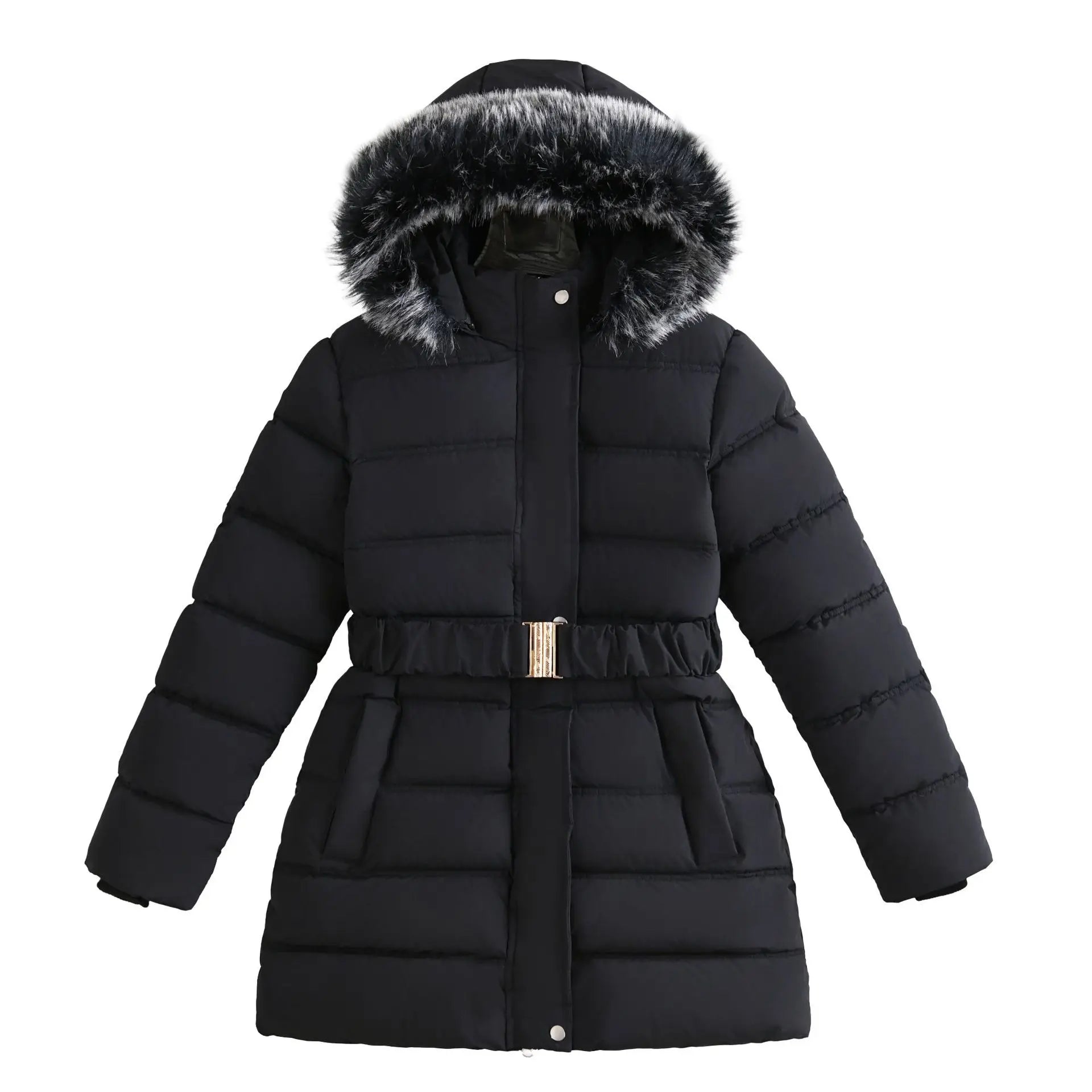 Black puffer coat with fur-lined hood on a white background