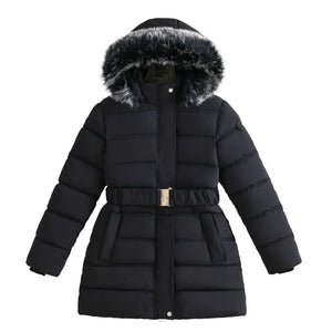Black puffer coat with fur-lined hood on a white background