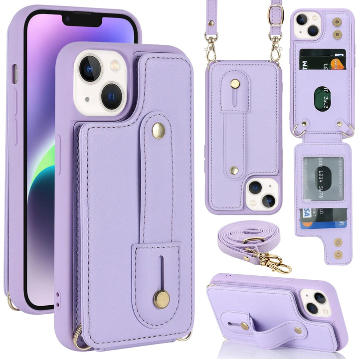Crossbody Leather Wallet Case for iPhone 16/15/14/13/12/11 with Card Slot, Wristband & Lanyard