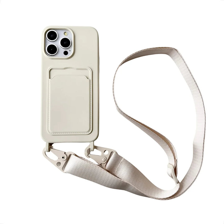 Crossbody Lanyard Necklace Rope Wallet Silicone Case For iPhone 16 15 Plus 14 13 12 11 Pro Max Slot Card Holder Plain Back Cover