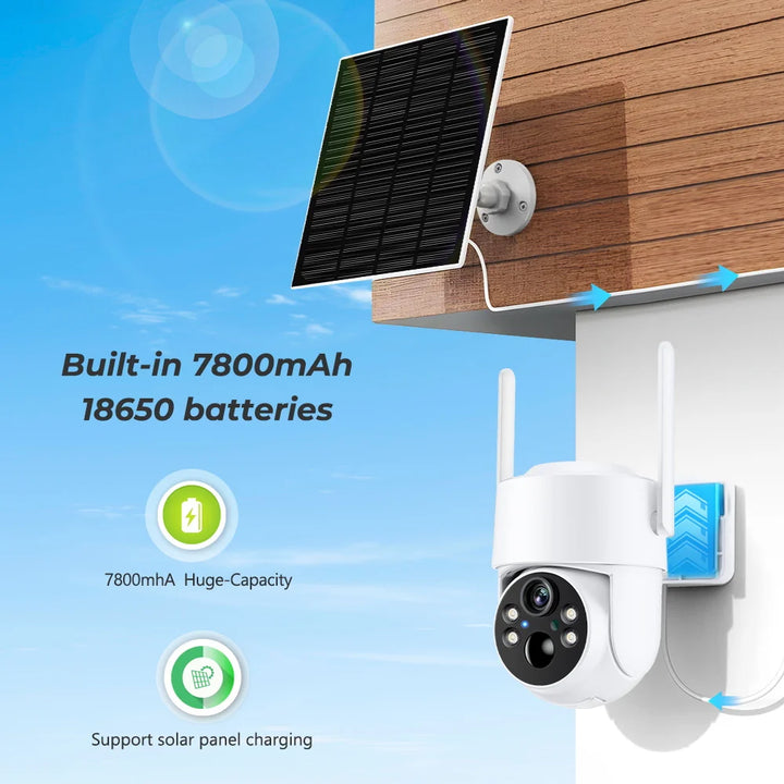 Solar-powered security camera with solar panel on a wooden surface against a blue sky.