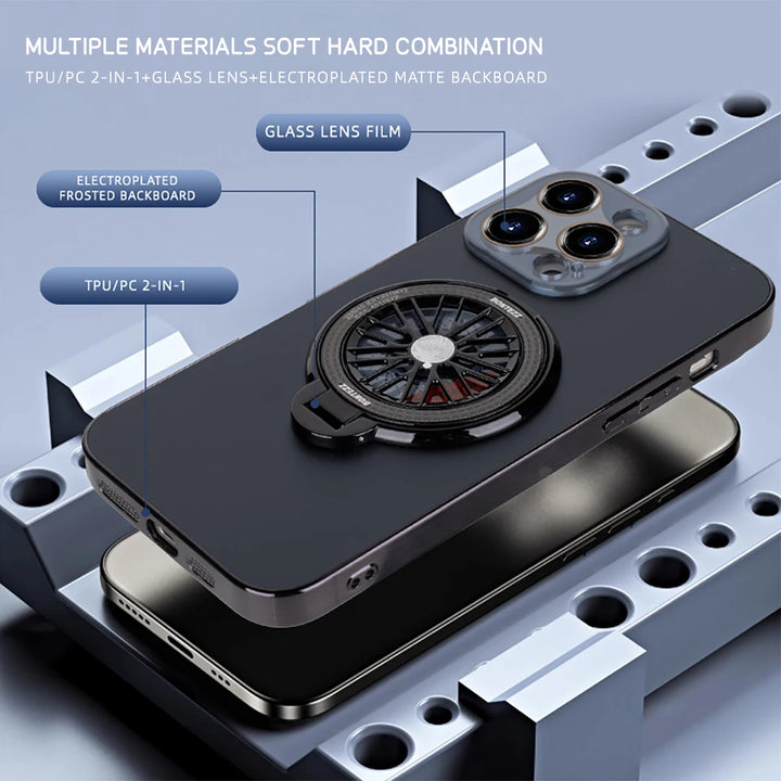 Luxury gyro stand shockproof iPhone case with built-in stand, compatible with iPhone 11, 12, 13, 14, 15, and 16 Pro Max Plus.