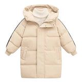 Beige puffer jacket with a hood on a white background