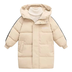 Beige puffer jacket with a hood on a white background