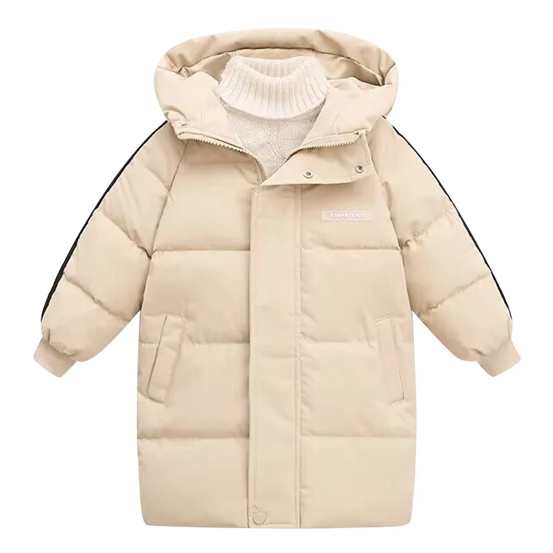 Beige puffer jacket with a hood on a white background