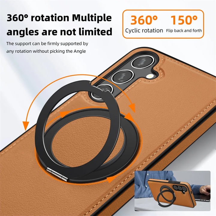 Luxury Rotating Leather Magnetic Case for Samsung S25/S24 Ultra, FE, S22, and S23 Plus with shockproof design and wireless charging support