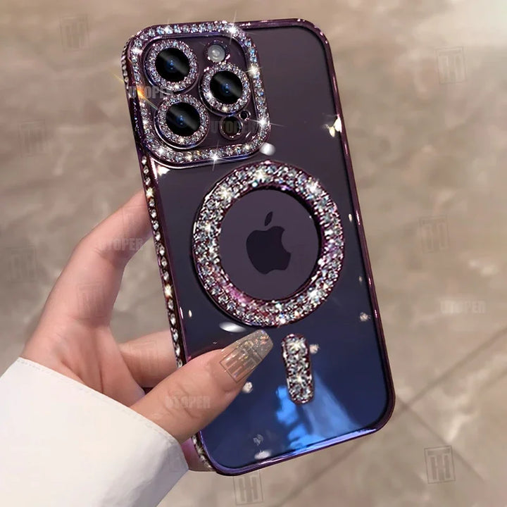 MagSafe Glitter Rhinestone Case for iPhone 16 15 14 13 12 11 Pro Max – Bling & Transparent Design with Wireless Charging