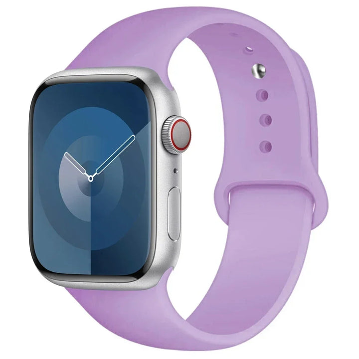 Silicone sport band for Apple Watch, compatible with Series 9/8/7/6/5/SE/Ultra, shown in vibrant colors.