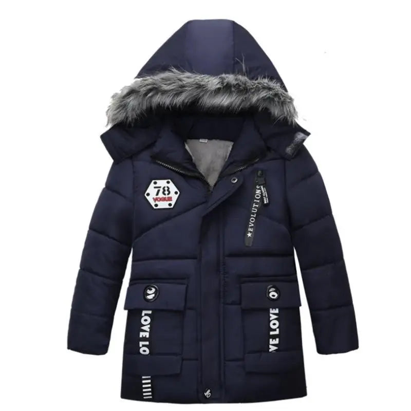 Navy blue winter coat with fur-lined hood on a white background