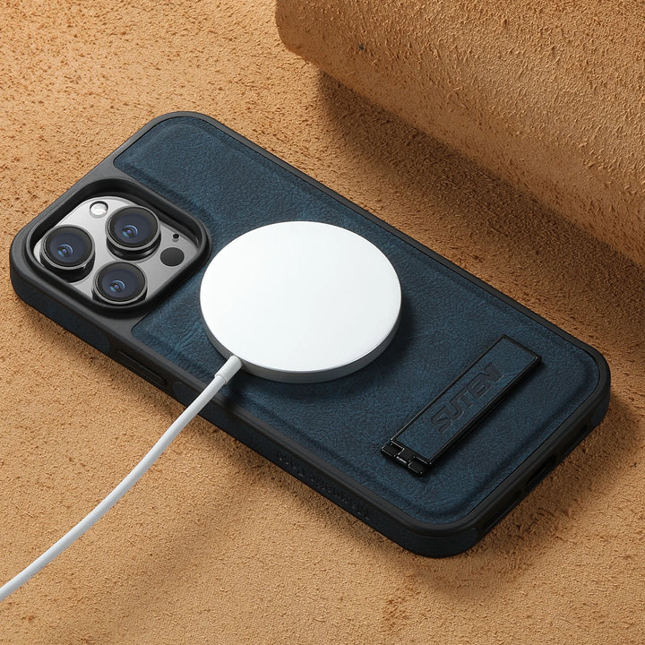 MagSafe Invisible Bracket Leather Phone Case for iPhone 12-16 Pro Max with Kickstand and Grid Pattern Design