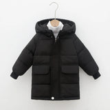 Black puffer jacket on a hanger against a white background