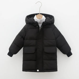 Black puffer jacket on a hanger against a white background