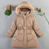 Beige winter coat with fur-lined hood on a gray background