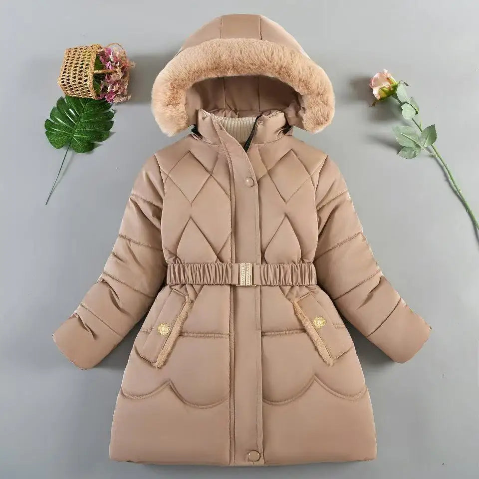 Beige winter coat with fur-lined hood on a gray background