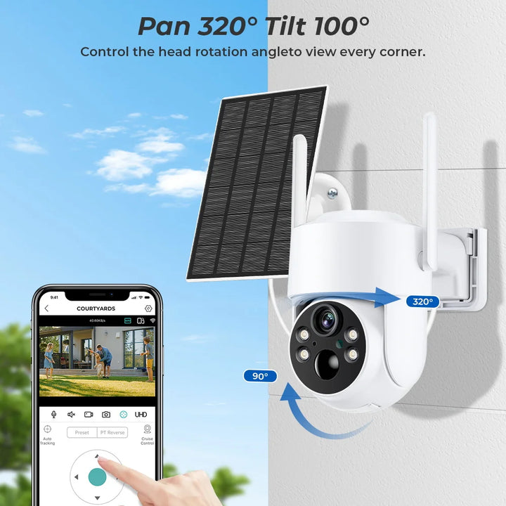 Solar-powered security camera with smartphone app control on a clear sky background