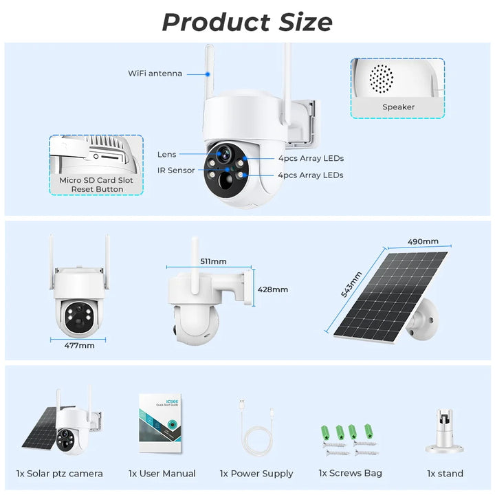 Solar PTZ camera with detailed specifications and components on a blue background