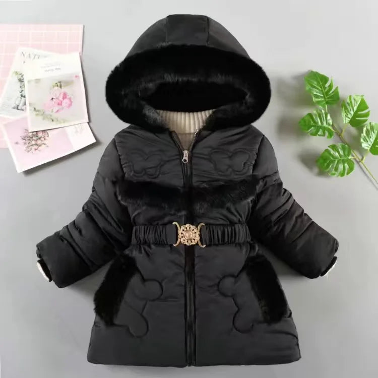 Black winter coat with fur trim on a light gray background