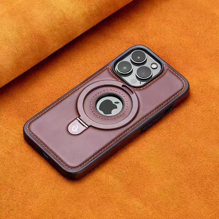 Luxury leather magnetic ring stand iPhone case with full protection, fits iPhone 12, 13, 14, 15, and 16 Pro Max Plus.