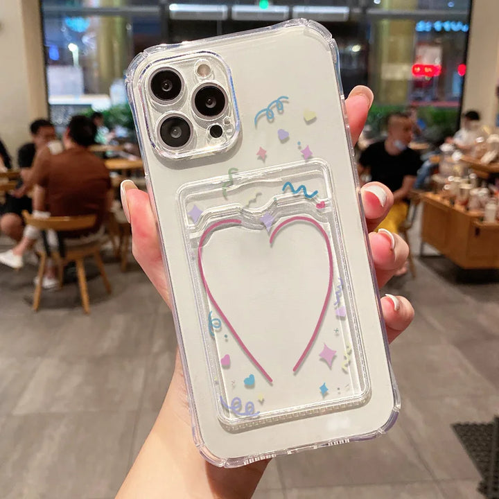 Transparent wallet card holder soft case for iPhone with card slots and shockproof protection.