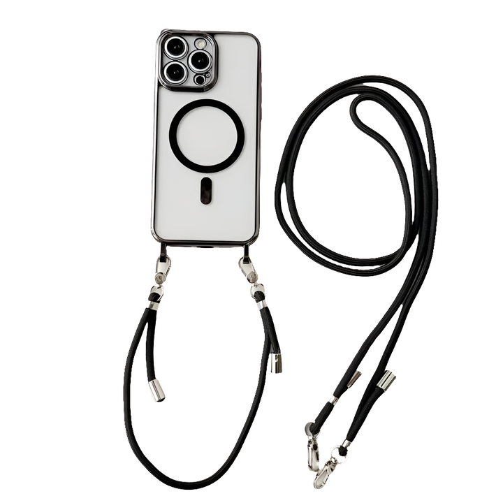 Plating Magnetic Strap Case for iPhone 11, 12, 13, 14, 15, 16 Pro Max Plus - Crossbody Lanyard, Clear Cover, Shockproof, Anti-Scratch