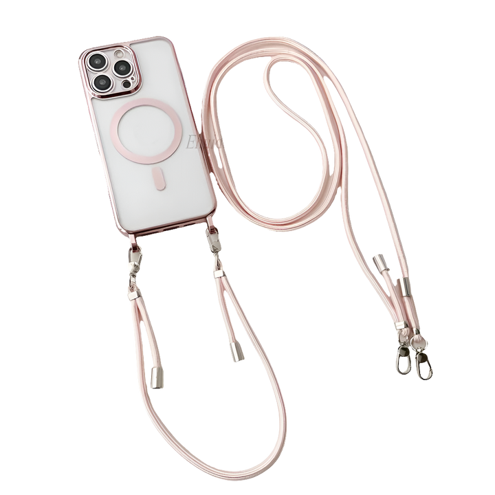 Plating Magnetic Strap Case for iPhone 11, 12, 13, 14, 15, 16 Pro Max Plus - Crossbody Lanyard, Clear Cover, Shockproof, Anti-Scratch