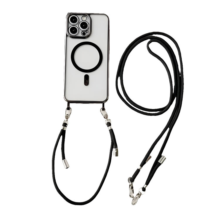 Plating Magnetic Strap Case for iPhone 11, 12, 13, 14, 15, 16 Pro Max Plus - Crossbody Lanyard, Clear Cover, Shockproof, Anti-Scratch
